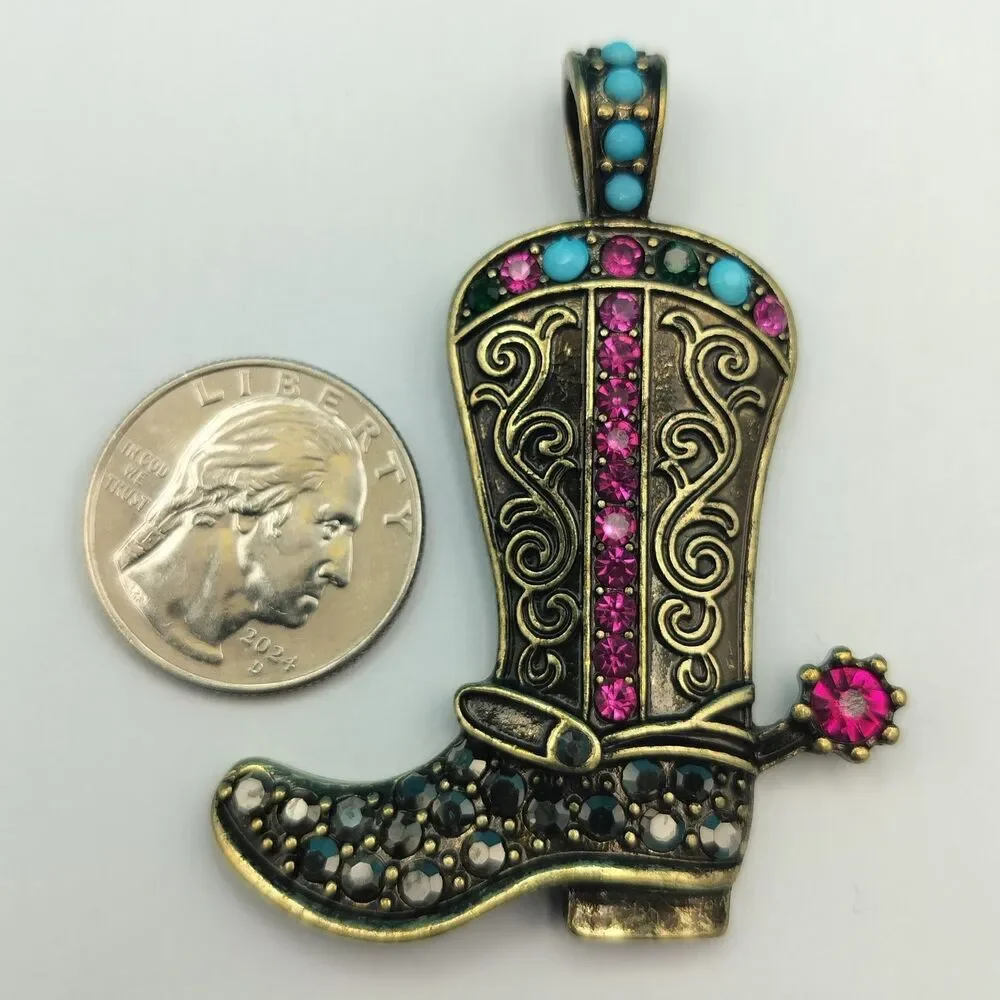Western Cowboy Boot Pendant Rhinestone Antique Gold Tone Charm 2